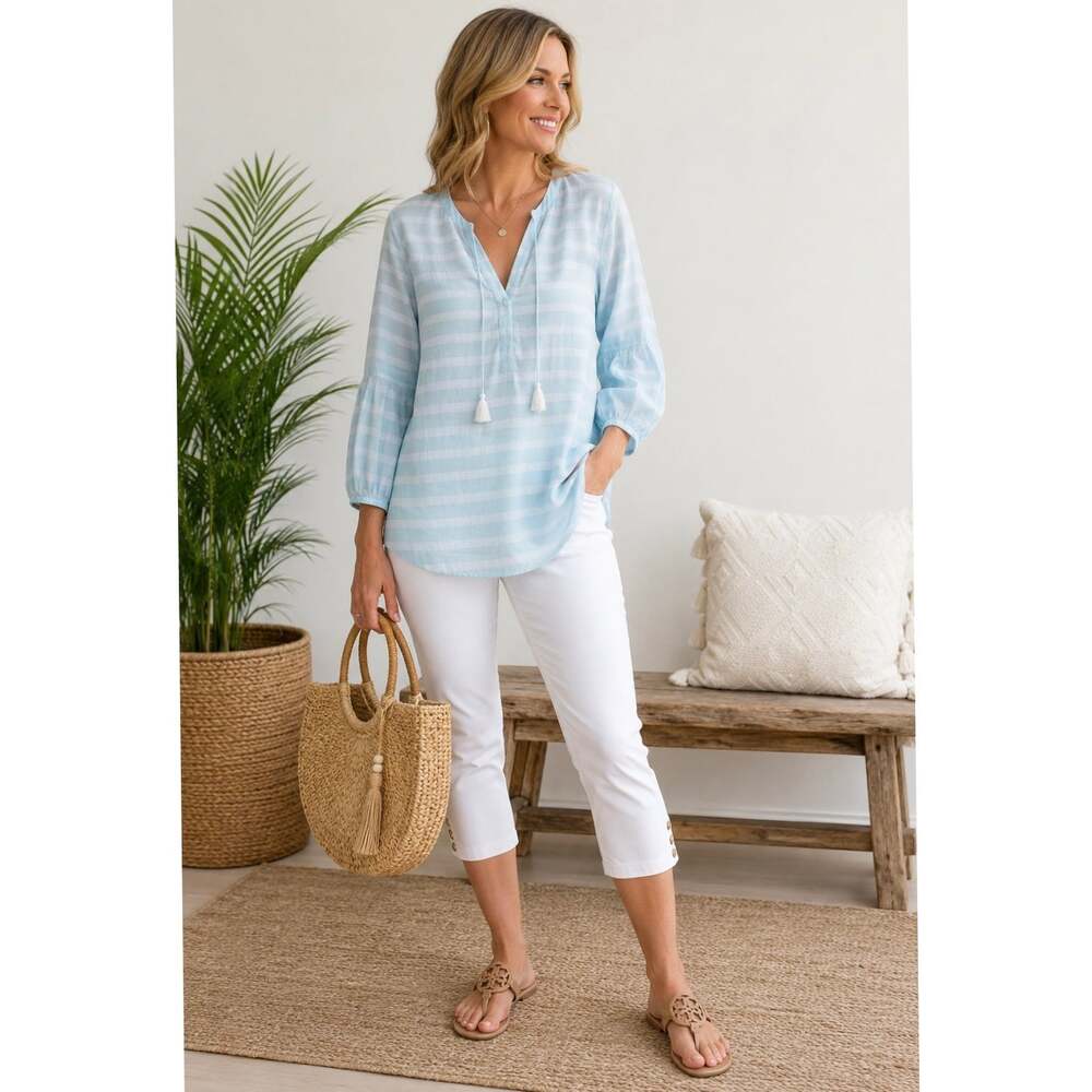 Nautica Boho Tassel Pullover Woman’s Long Sleeve Blouse X-Large Aqua Waves